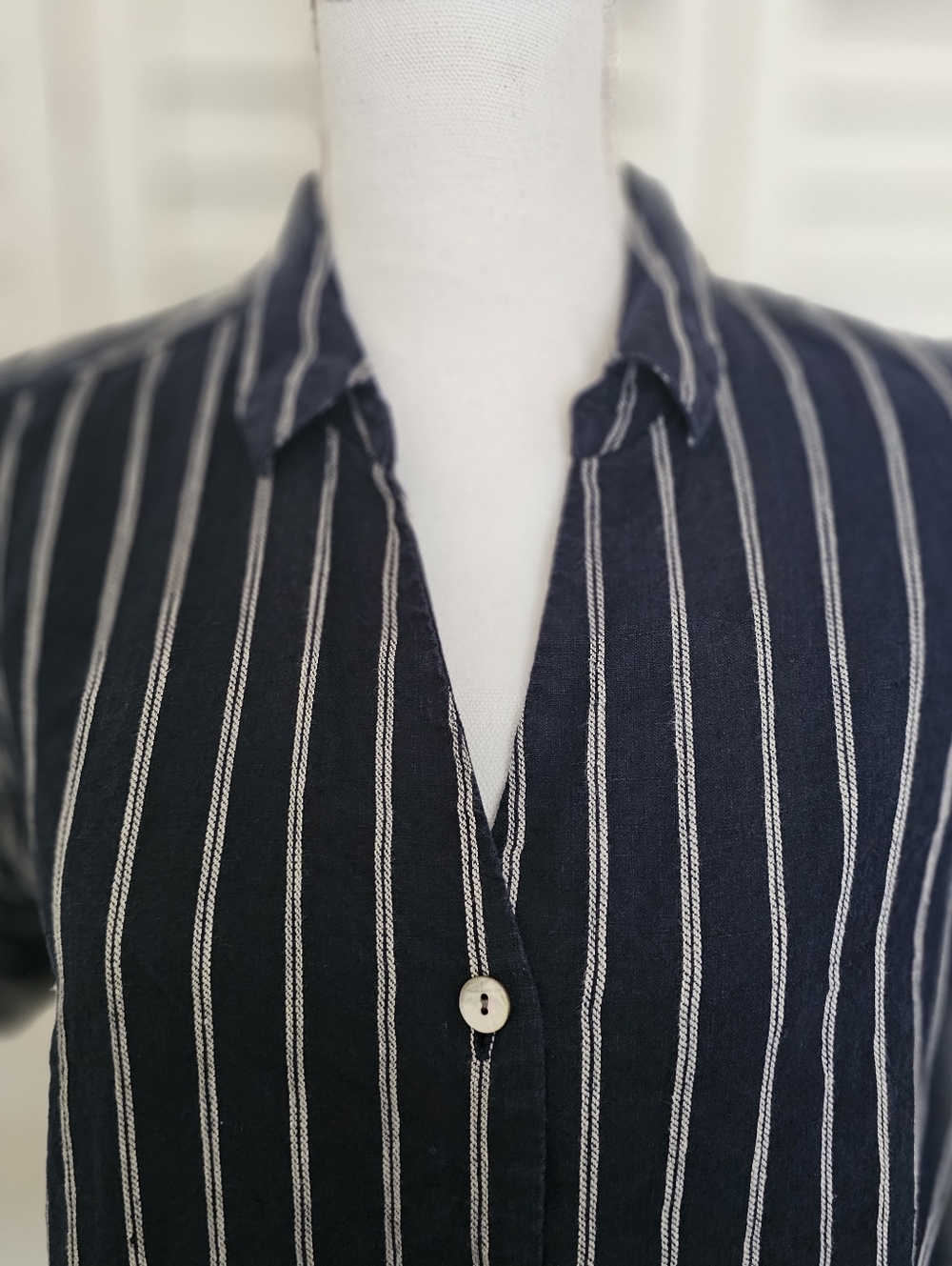 J Jill Love Linen Dress Size S Navy White Stripe Button Front V Neck Loose Fit - Picture 5 of 12